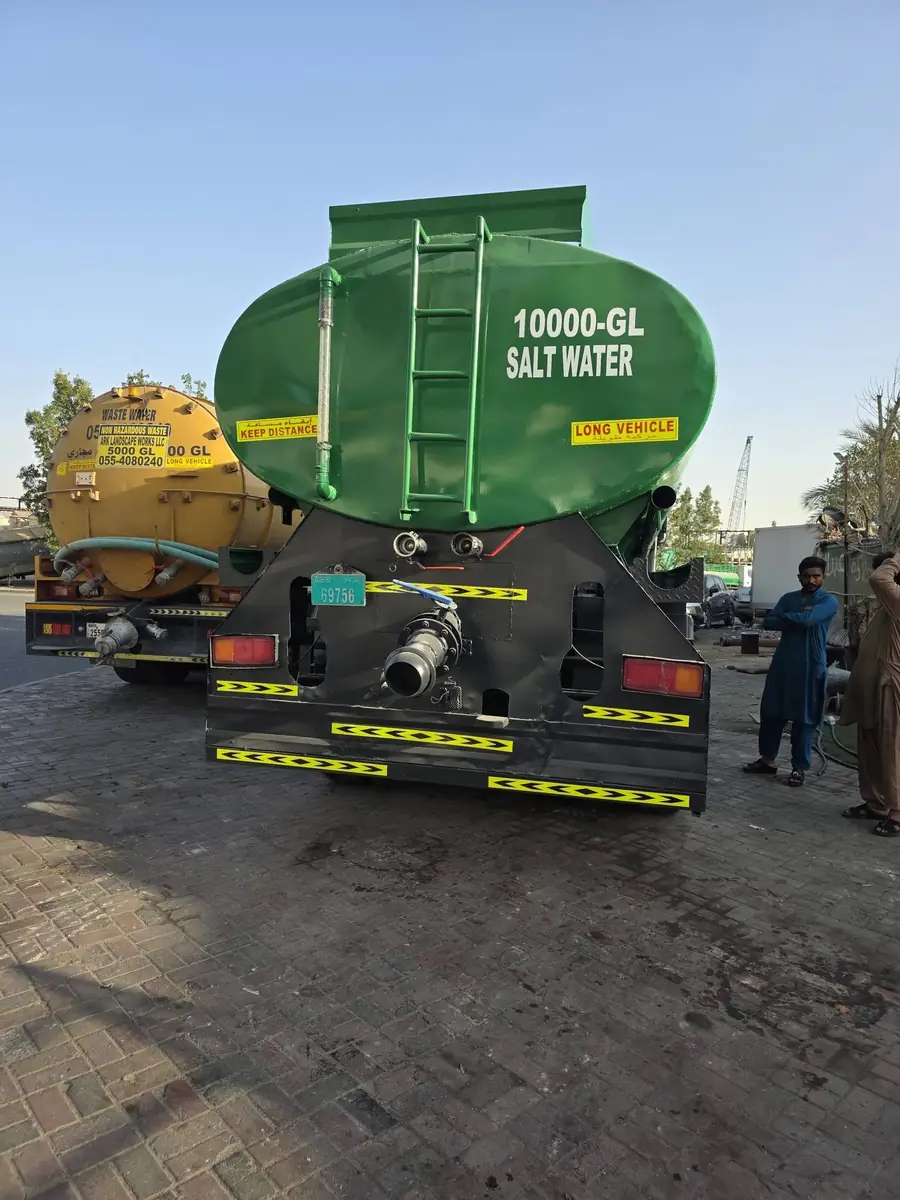 Rear view of Sara General Land Transport 10,000 gallon salt water tanker truck, Dubai