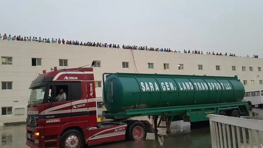 Sara General Land Transport tanker truck responding to flood water removal in Dubai
